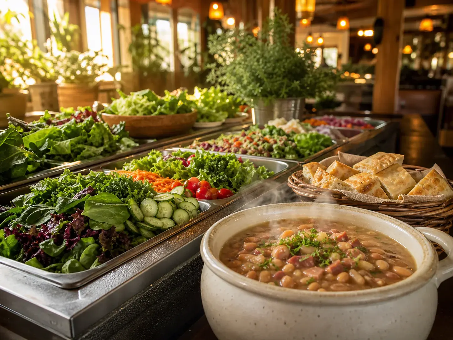 A warmly lit garden buffet with fresh salad, bean soup, and golden focaccia