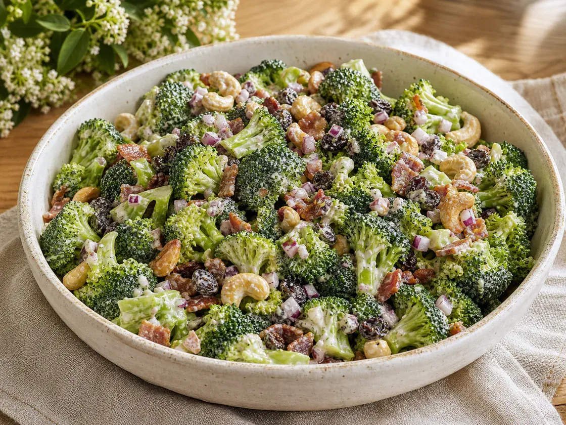 Broccoli salad with cashews, raisins, bacon, and diced red onion