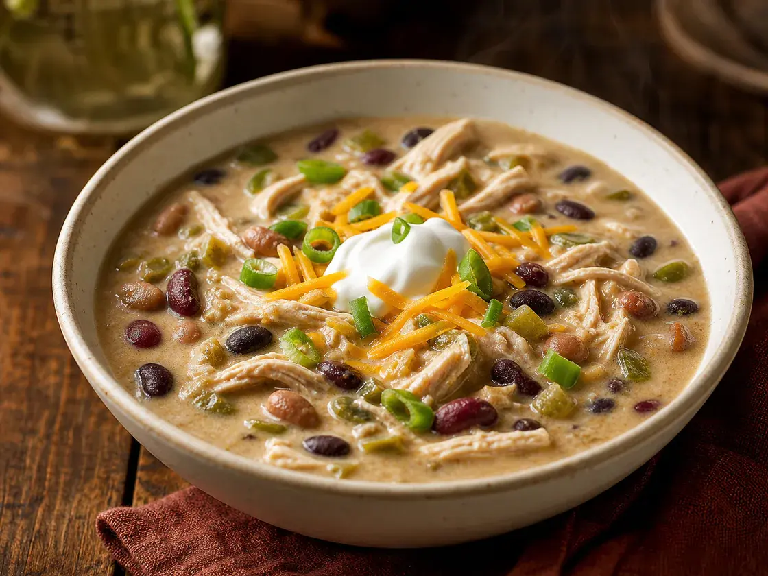Creamy chicken chili with three beans, green chiles, cheddar, and scallions