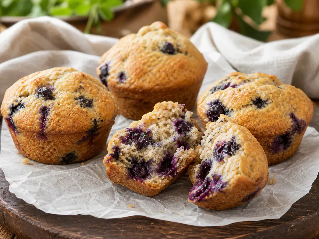 Golden blueberry muffins with one broken open to show the tender crumb